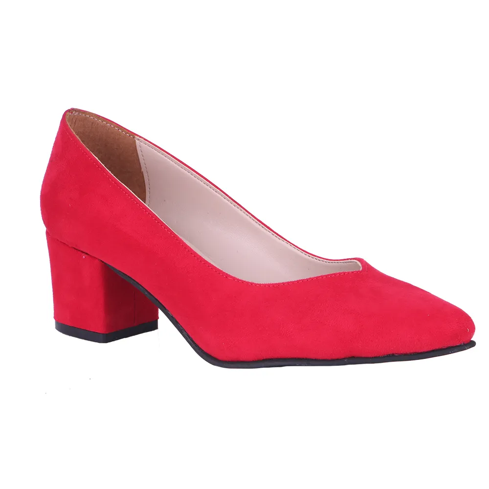 Red Suede Block Heel Pumps for Women RA-162