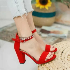 Red Suede Chunky Heel Ankle Strap Sandals MA-030