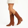 Tan Low Heel Suede Boots Women Knee High