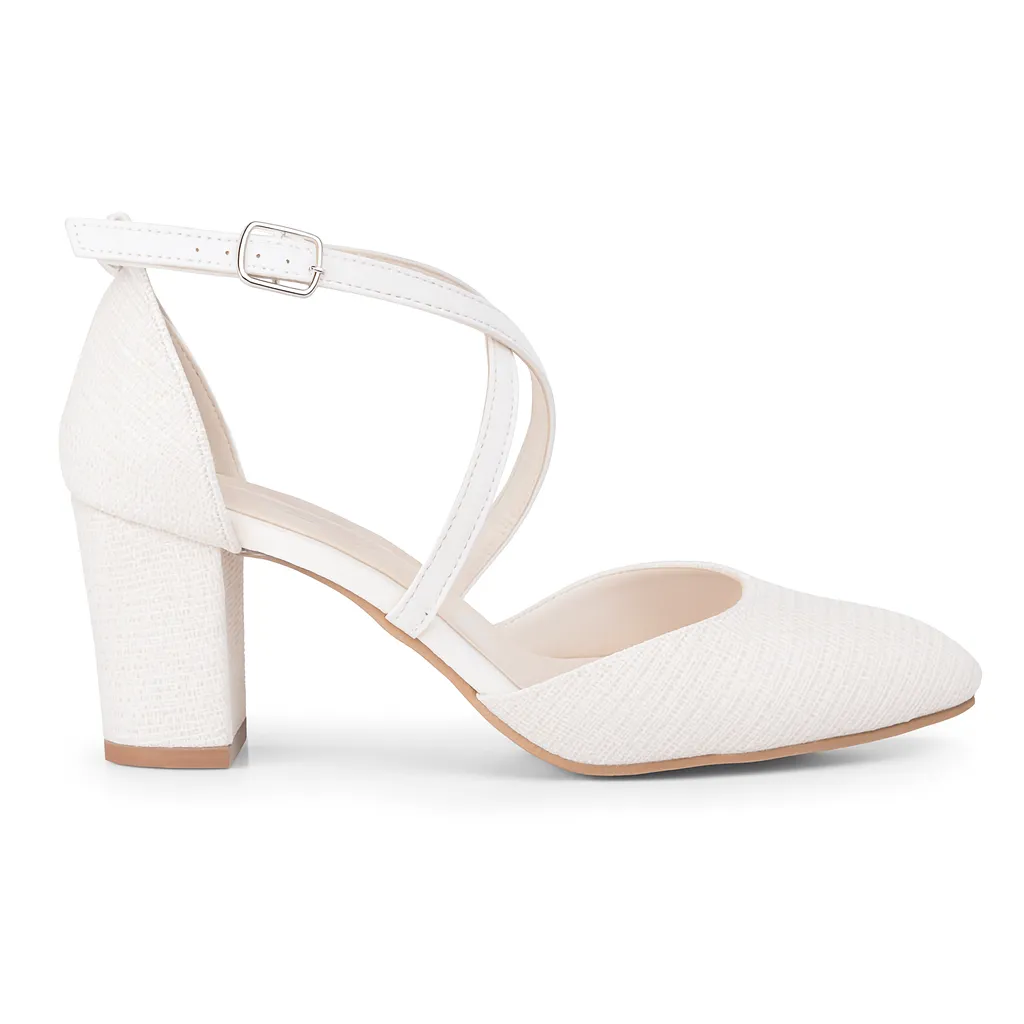 White Ankle Strap Block Heel Pumps for Women RA-803