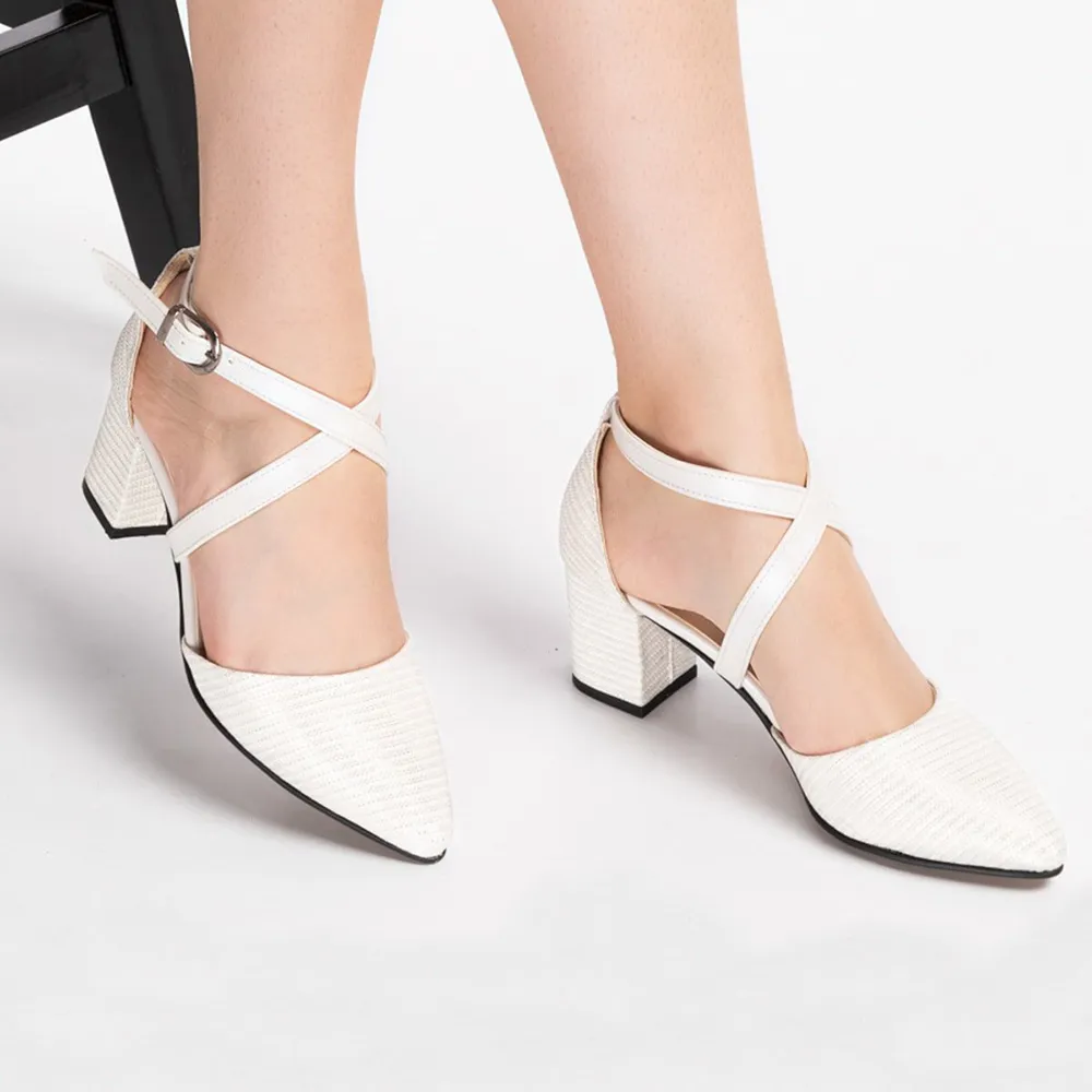 White Ankle Strap Block Heel Pumps for Women RA-803