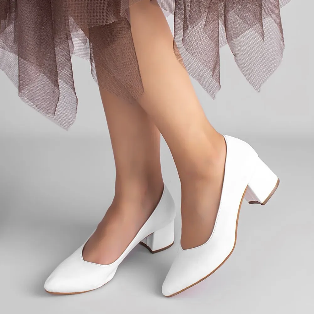 White Block Heel Pumps for Women RA-162