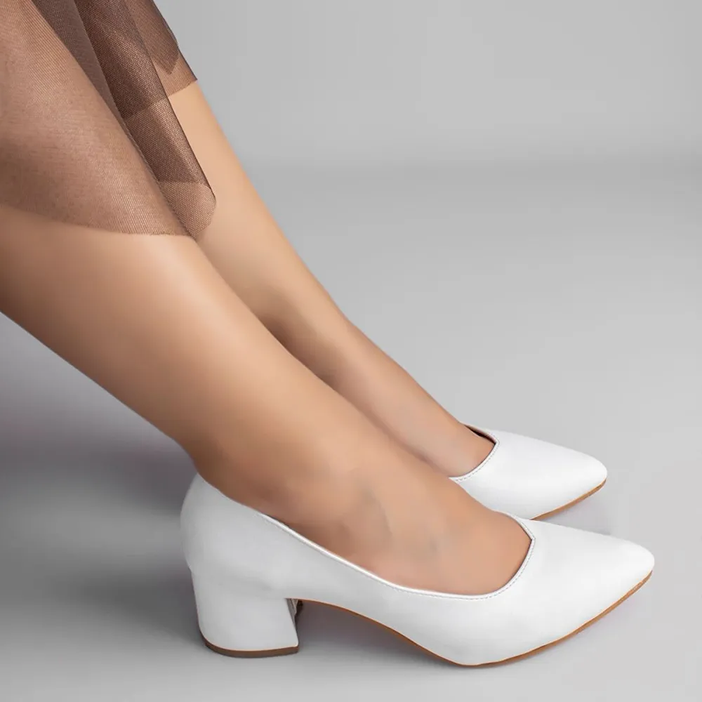 White Block Heel Pumps for Women RA-162