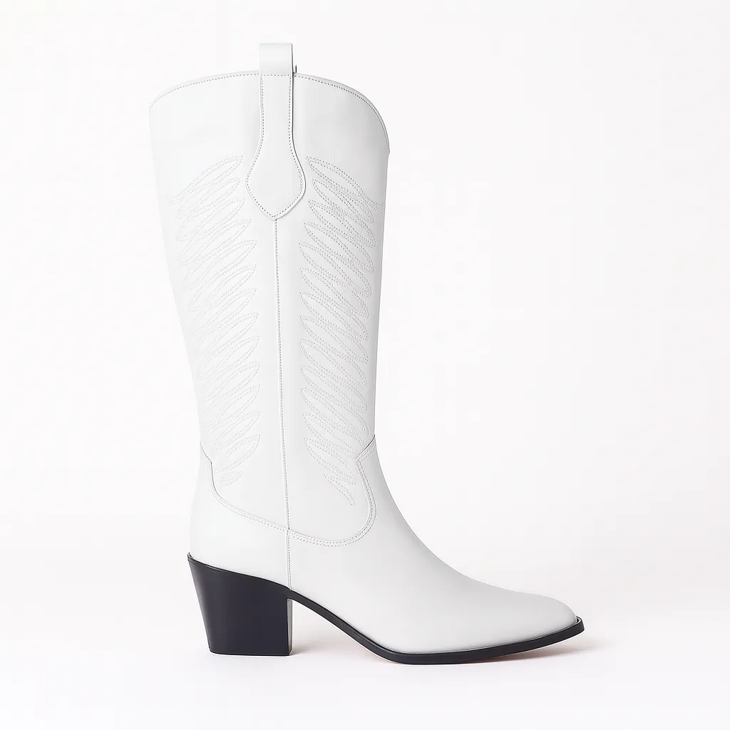 White Embroidered Low Heel Cowboy Boots for Women