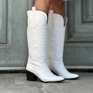 White Embroidered Low Heel Cowboy Boots for Women