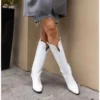 White Embroidered Low Heel Cowboy Boots for Women