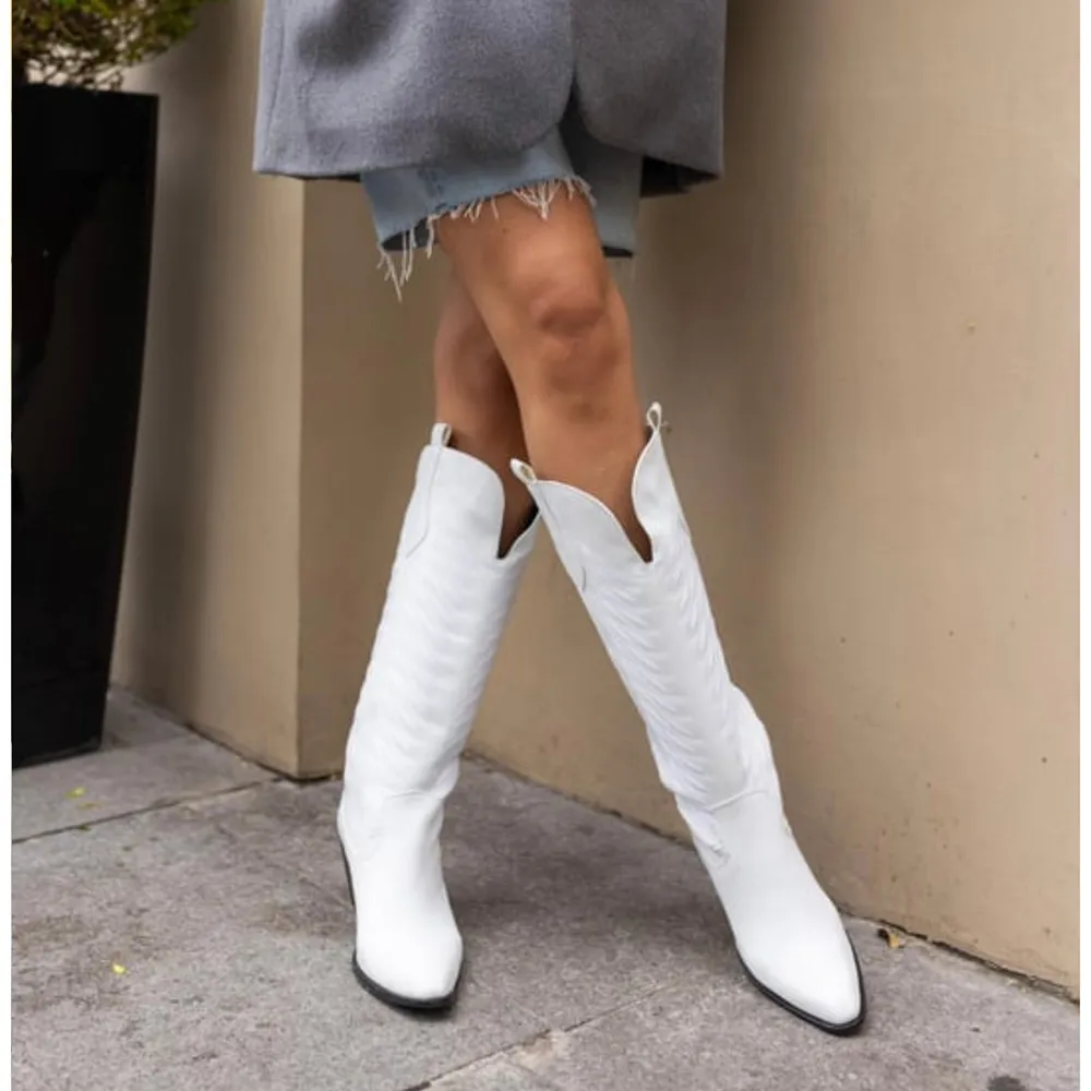 White Embroidered Low Heel Cowboy Boots for Women