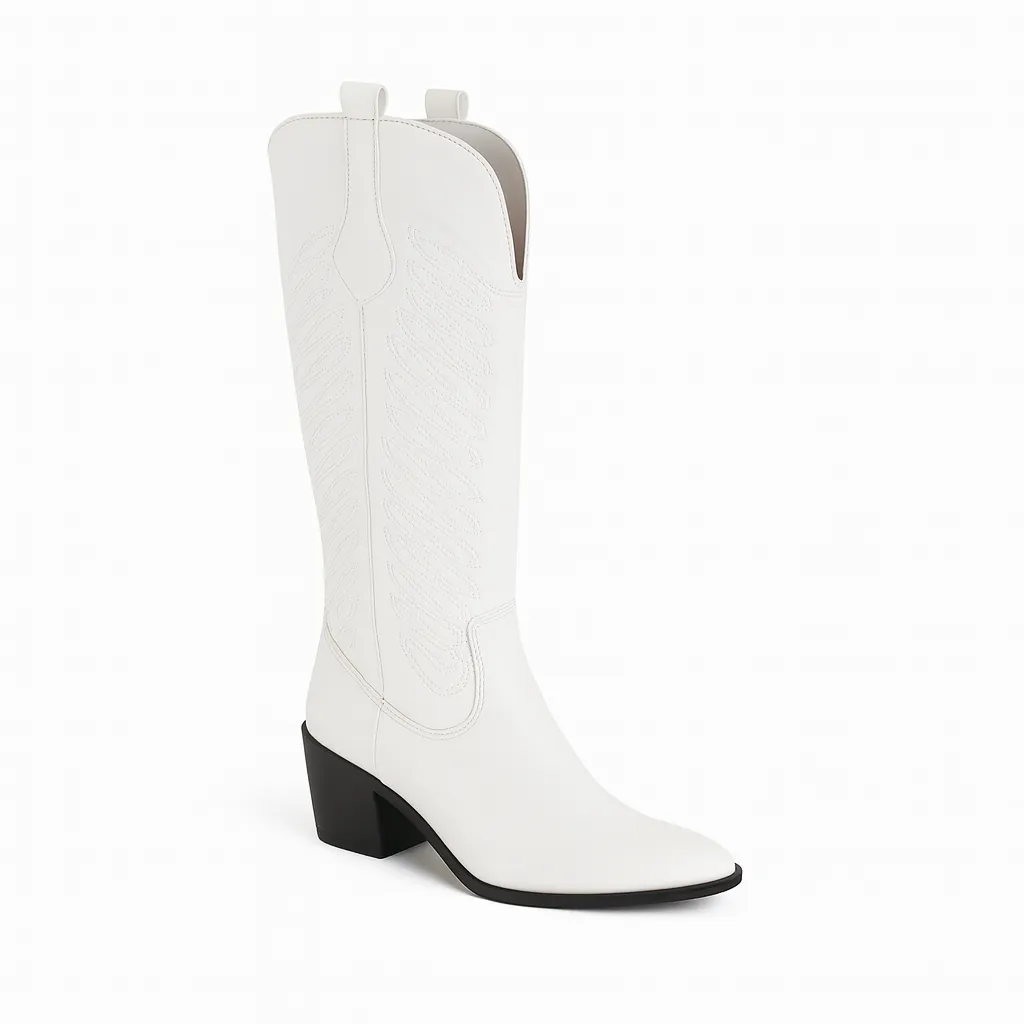White Embroidered Low Heel Cowboy Boots for Women