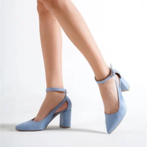 Womens Baby Blue Suede Block Heel Pumps RA-8030
