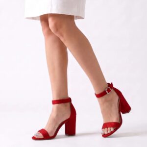 Red Suede Chunky Heel Ankle Strap Sandals MA-030