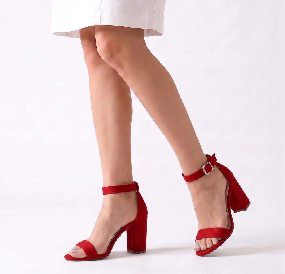 Red Suede Chunky Heel Ankle Strap Sandals MA-030