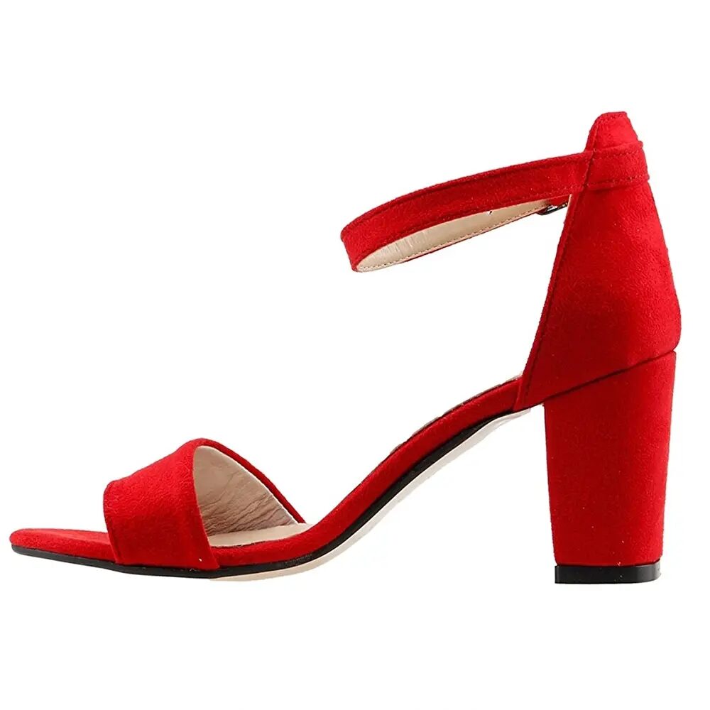 Red Suede Chunky Heel Ankle Strap Sandals MA-030 - Görsel 5