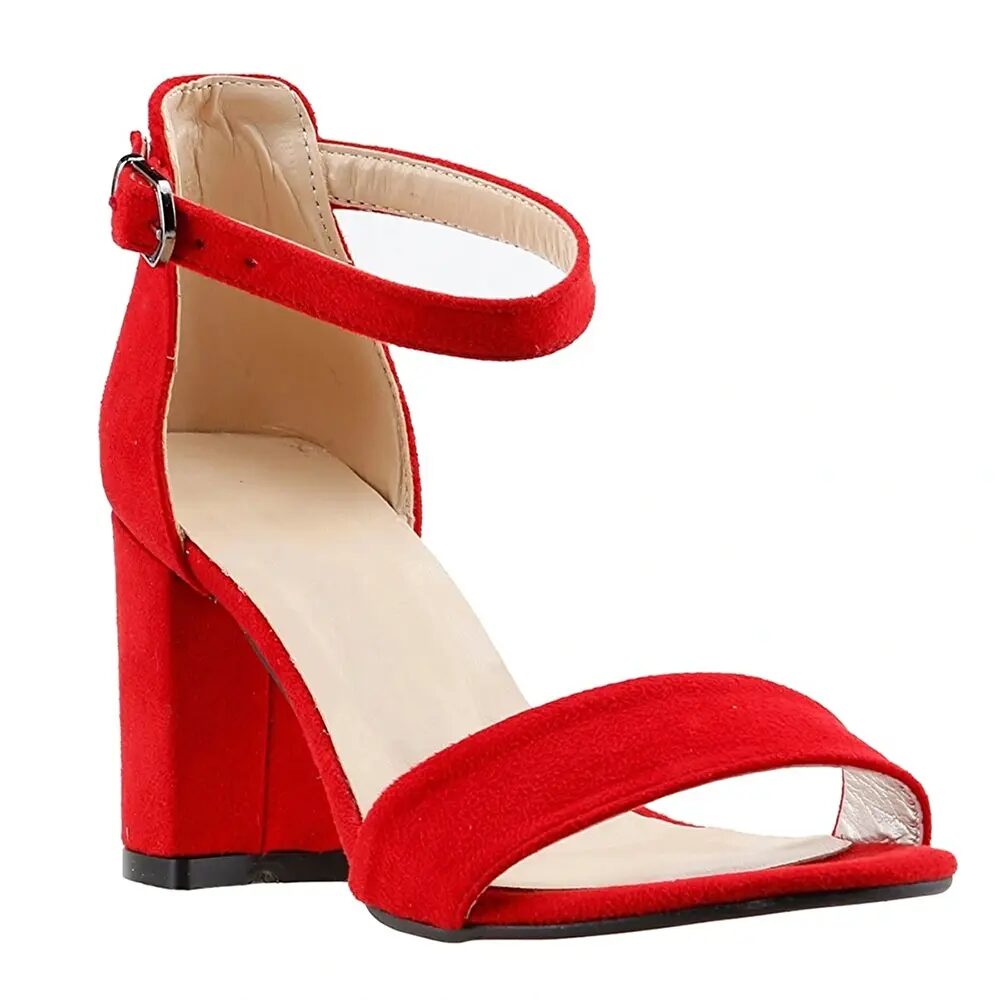 Red Suede Chunky Heel Ankle Strap Sandals MA-030 - Görsel 4