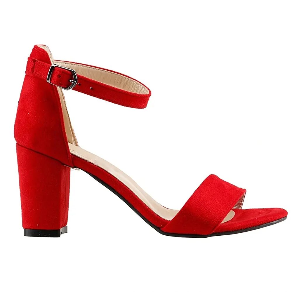 Red Suede Chunky Heel Ankle Strap Sandals MA-030 - Görsel 6
