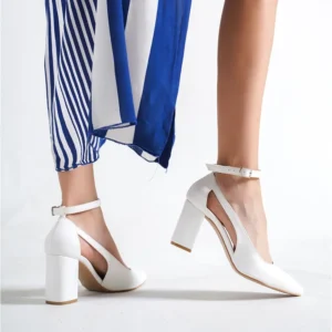 White Dressy Block Heel Ankle Strap Pumps RA-8030
