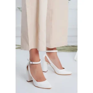 White Dressy Block Heel Ankle Strap Pumps RA-8030