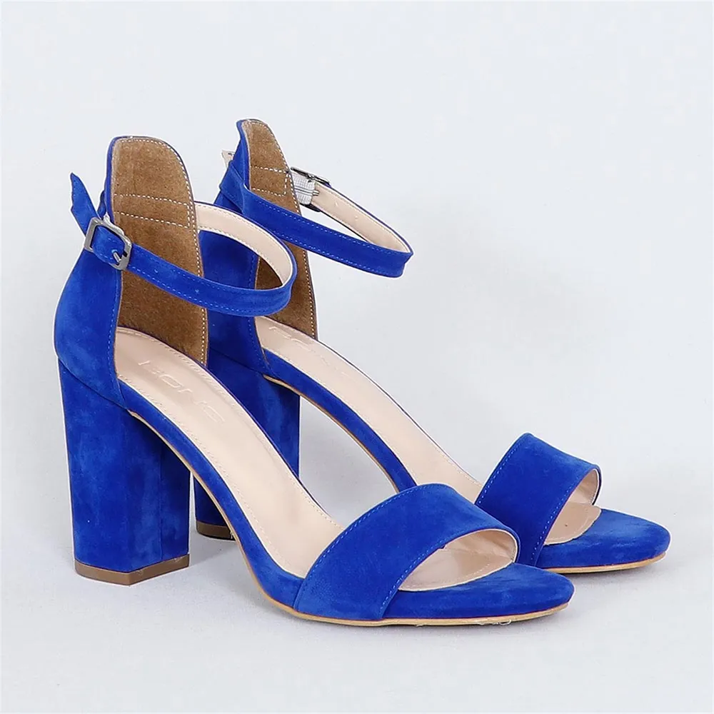 Sax Suede Chunky Heel Ankle Strap Sandals MA-030