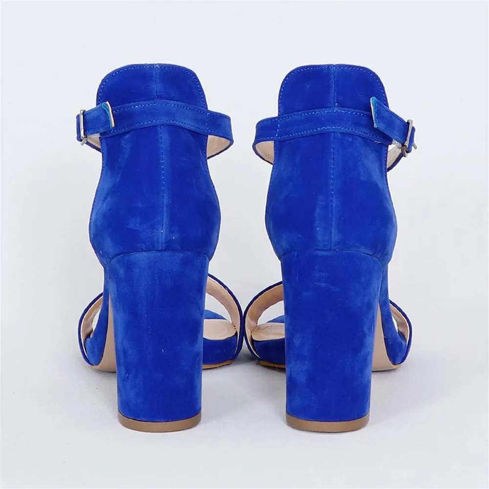Sax Suede Chunky Heel Ankle Strap Sandals MA-030